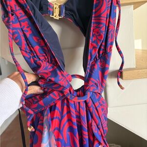 PatBo Red and Blue Patterned cut out dress with ruffles and unique back